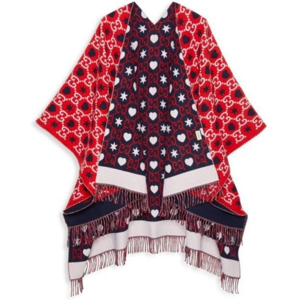 Gucci Reversible GG Hearts Wool Poncho in Red